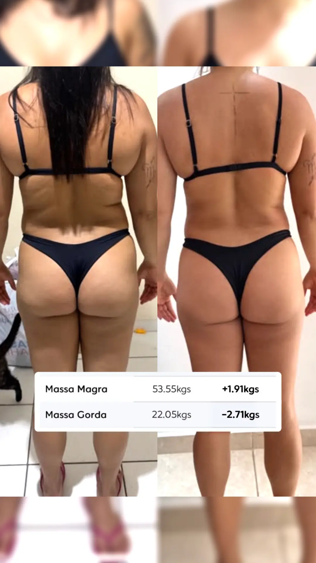 Comparativo de antes e depois de Cris, vista posterior