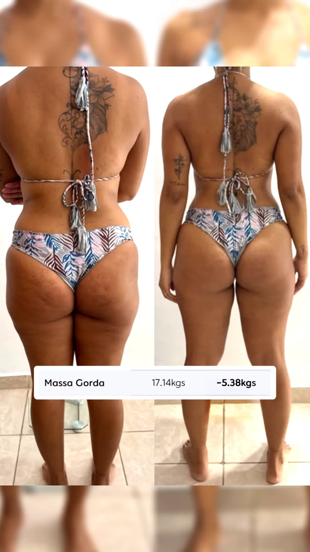 Comparativo de antes e depois de Sheyla, vista posterior