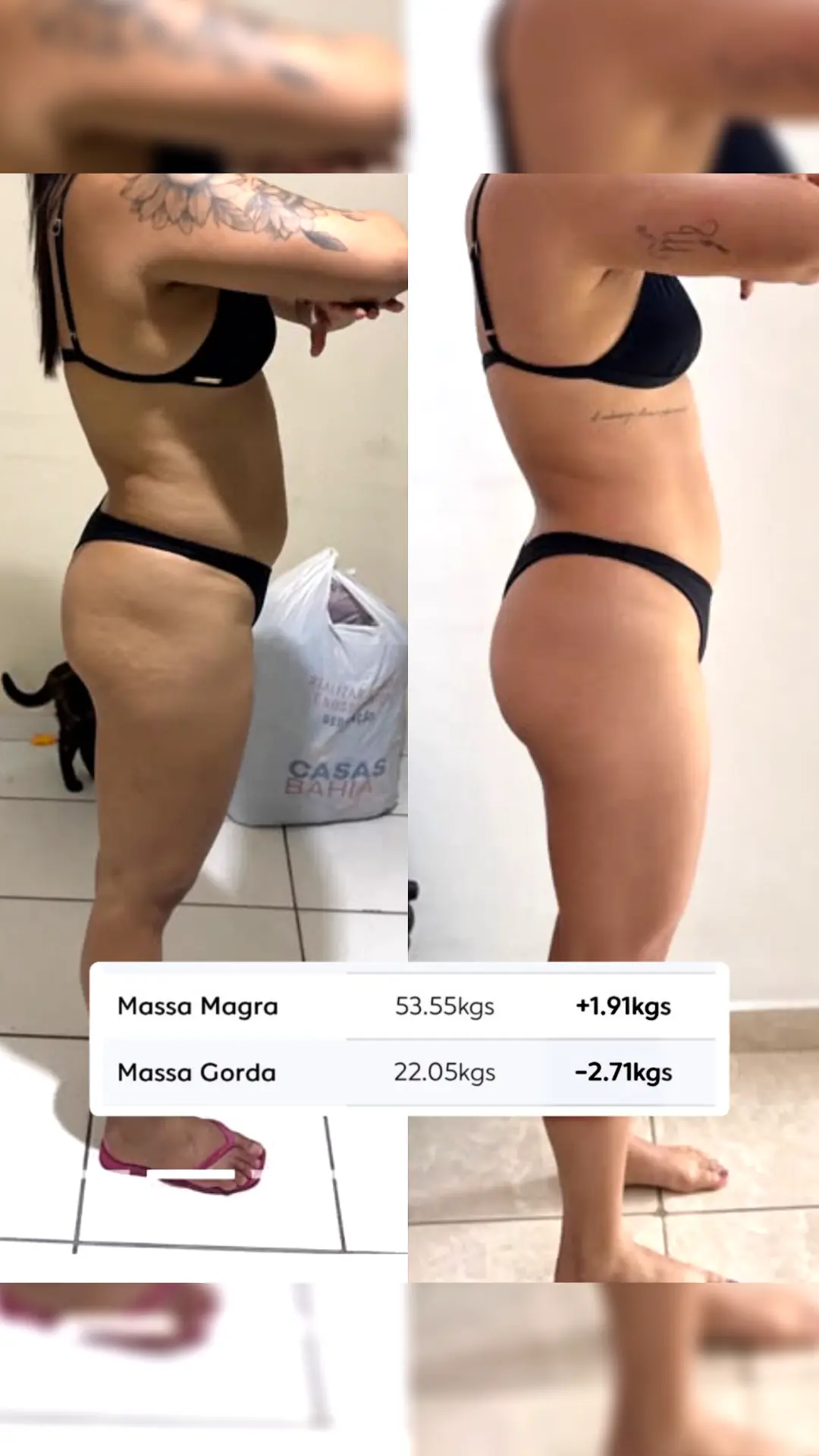 Comparativo de antes e depois de Cris, vista lateral